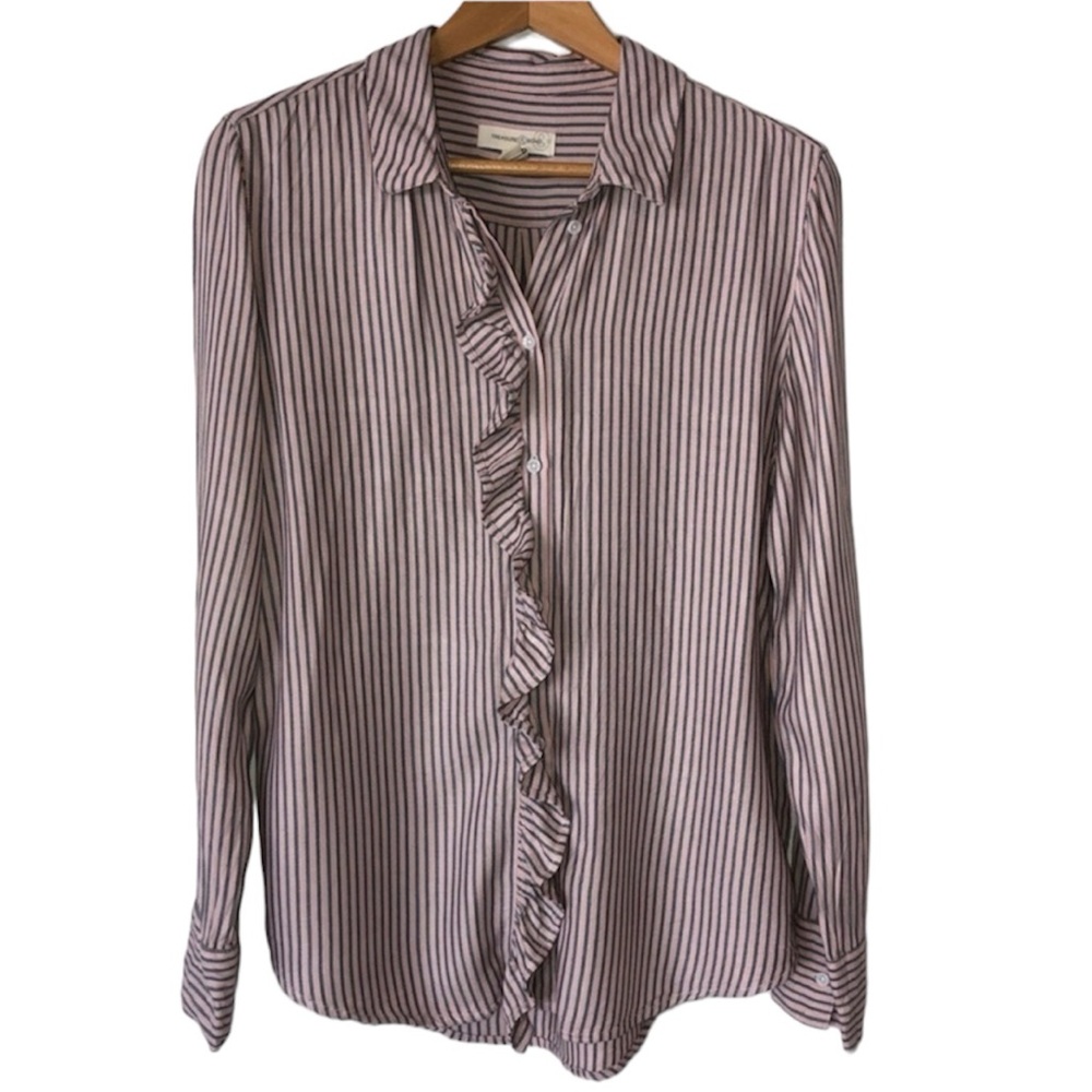 Treasure & Bond Blouse Ruffled Pink & Gray Striped Button Down Women’s Size XS